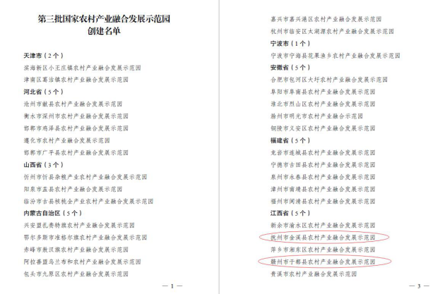 爱游戏(ayx)中国官方网站编制的金溪县、于都县农村产业融合发展示范园成功入选“第三批国家农村产业融合发展示范园”创建名单